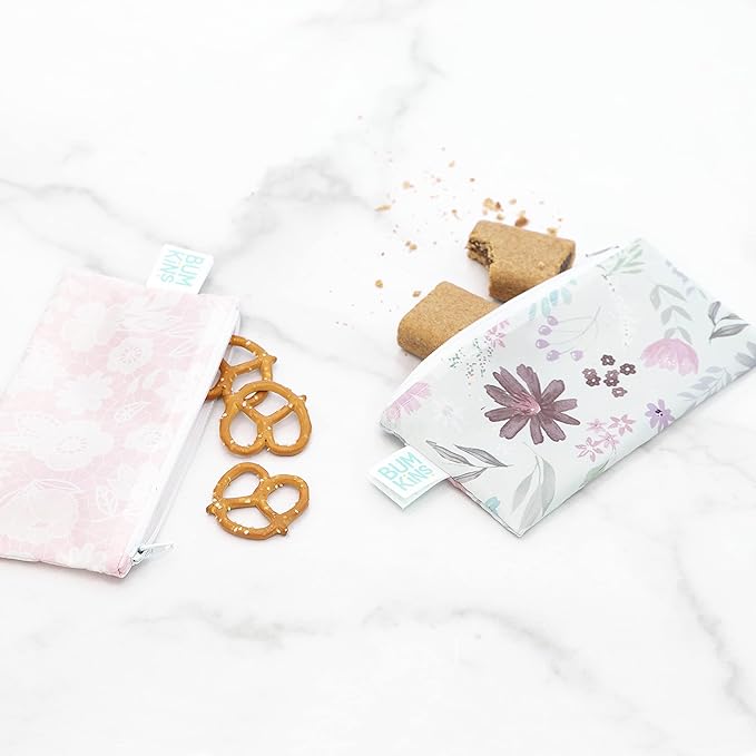 Bumkins Reusable Snack Bags, for Kids School Lunch and for Adults Portion, Washable Fabric, Waterproof Cloth Zip Bag, Supplies Travel Pouch, Food-Safe Storage, 2-pk Floral and Lace