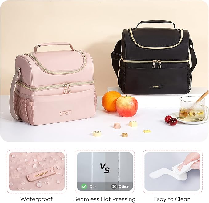 TOURIT Insulated Lunch Bag with Dual Compartment, Leakproof Cooler Tote for Work Office Picnic, Thermal Food Container Pink