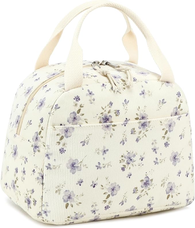 BTOOP Lunch Box for Women Men Cute Corduroy Lunch Bags Large Capacity Insulated Lunch Tote Bag For Work Travel Or Picnic (Grace Purple Flower)