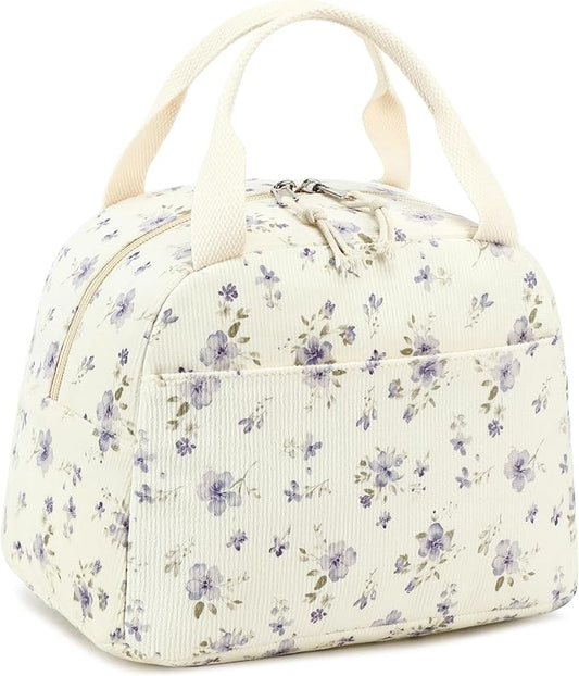 BTOOP Lunch Box for Women Men Cute Corduroy Lunch Bags Large Capacity Insulated Lunch Tote Bag For Work Travel Or Picnic (Grace Purple Flower)