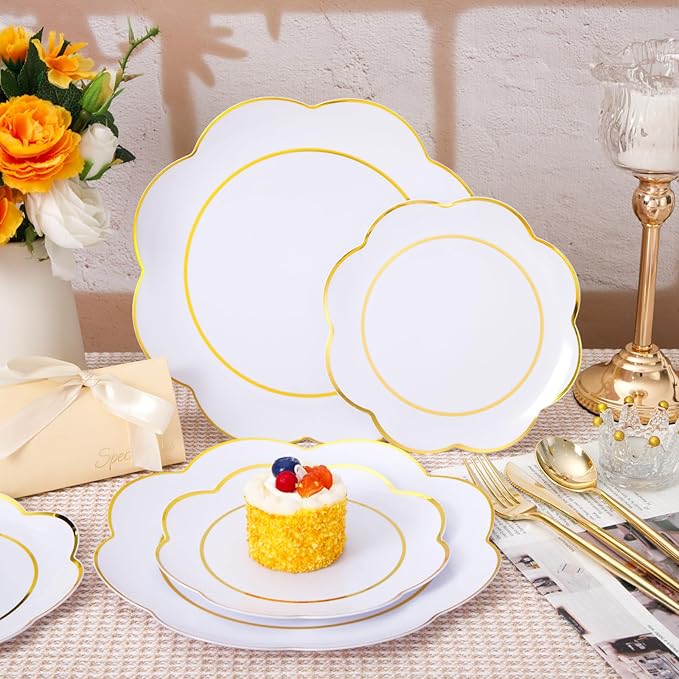 WONDERFUL 60pcs White Plastic Plates Disposable Heavy Duty White and Gold Plastic Plates for Party High-End Plate Includes 30 10.25in Dinner & 30 7.5in Dessert Plate Wedding/Christmas/Thanksgiving