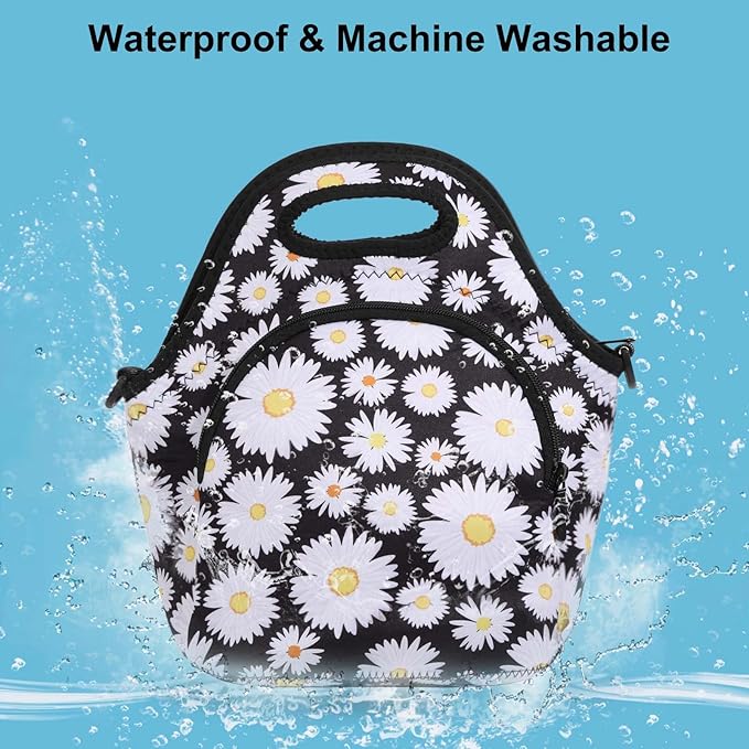 CILLA Neoprene Lunch Bag for Women Insulated Lunch Tote Bags Washable Lunch Container Box Picnic Lightweight Meal Prep Bags(White daisy+)
