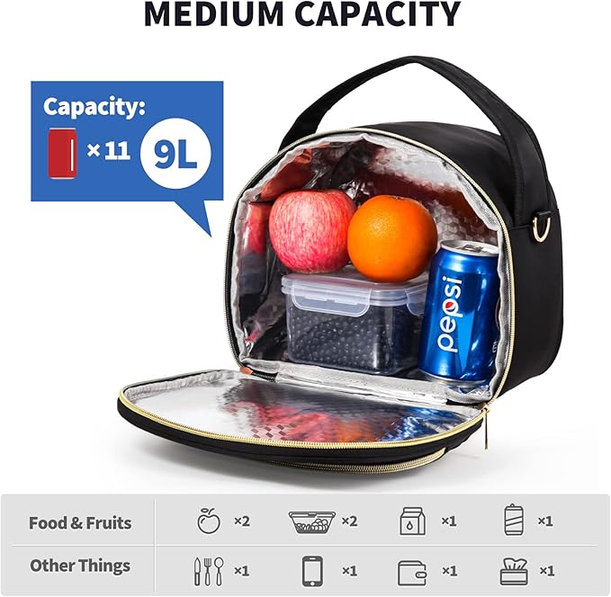 Black Cute Insulated Lunch Tote Bag for Women Work,Reusable Adult Lunch Box for Women, Stylish Wide Open Cooler Bag for Work(Black)