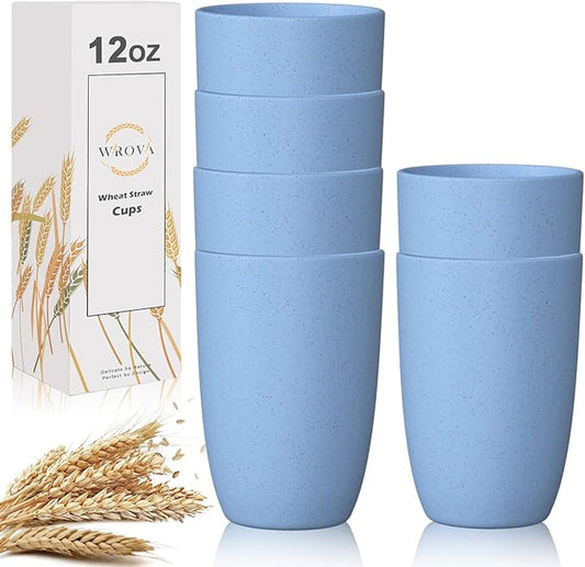 Wheat Straw Cups 6 PCS Good Alternative to Plastic Reusable Cups 12 oz Unbreakable Drinking Cup Reusable Dishwasher Safe Water Plastic Glasses Light Blue