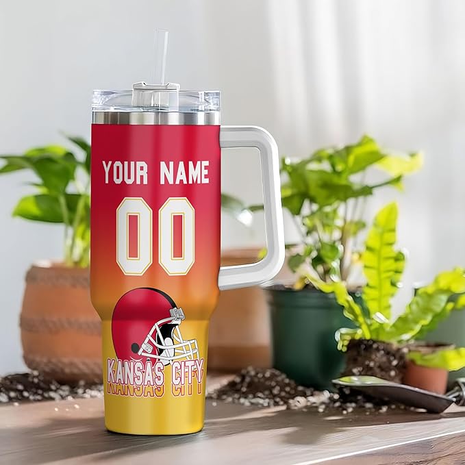 Personalized Football Insulated Travel Cup with Handle & Straw, 40oz Stainless Steel Tumbler, Custom Name & Number Mug, Tailgating Gift for Fans (Kansas City)