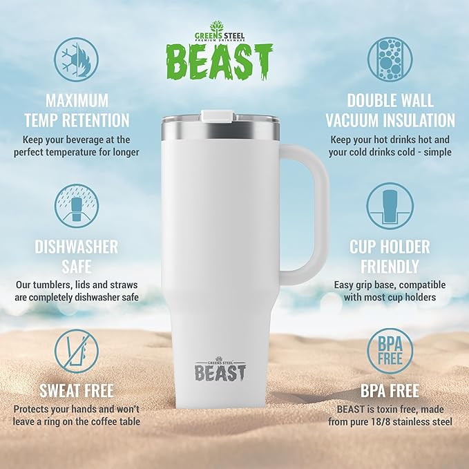 Beast 50 oz Tumbler Stainless Steel Vacuum Insulated Coffee Ice Cup Double Wall Travel Flask (Arctic White)