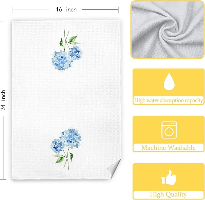 Blue Hydrangea Floral Hand Towels for Bathroom Spa Gym, Rustic Blue Floral Kitchen Towels, Aesthetic Hydrangea Flower Botanical Dish Tea Towels for Kitchen Decor, 16x24 Inch Set of 2