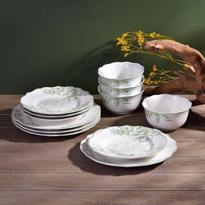 222 Fifth 12-Piece Porcelain Dinnerware Set for 4, Elegant Floral Plates and Bowls Sets-White/Green Ceramic Dishes, Chip Resistant Kitchen & Dining Dish Set, Microwave & Dishwasher Safe, Hudson Valley