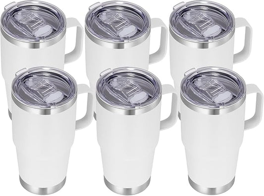 VEGOND 20 oz Tumbler Bulk with Handle Lid and Straw, Stainless Steel Insulated Travel Coffee Mug Set, Spill Proof Double Wall Metal Tumblers Cups, White 6 Pack