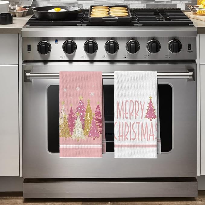 Artoid Mode Pink Star Xmas Tree Merry Christmas Bar Kitchen Towels, 12x24 Inch Quick Dry Microfiber Cloth Dish Towels for Kitchen Drying Set of 2