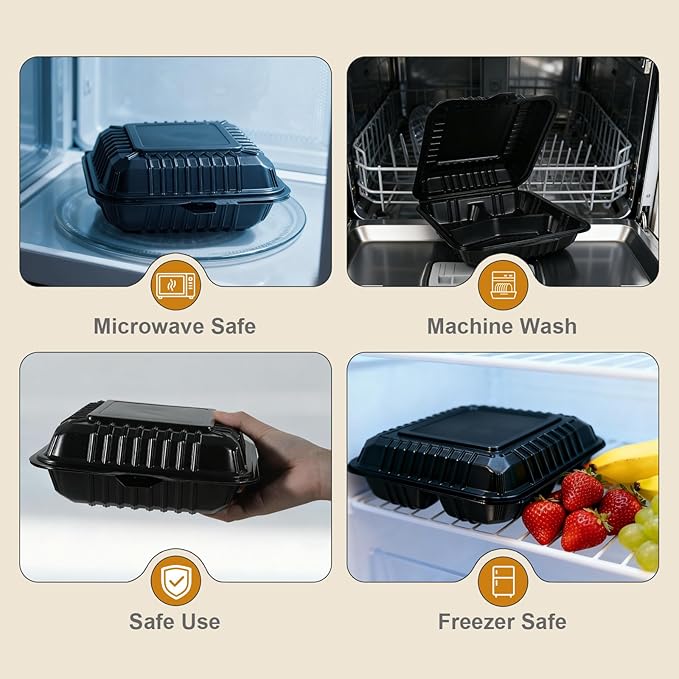 50-Pack 8x8 Inch Clamshell Take Out Food Containers|Lunch Containers with Compartments |Microwavable, Freezer Safe, Soak-Resistant, Durable, Stackable for Pasta Salad Sandwich(Black)