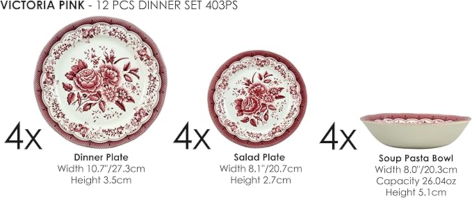 Tudor Royal 12-Piece Round Porcelain Dinnerware Set, Service for 4 - Victoria RED Design, Red Floral, Plates Bowls Dishes, Premium Quality Tableware, Unique Pattern, Glossy