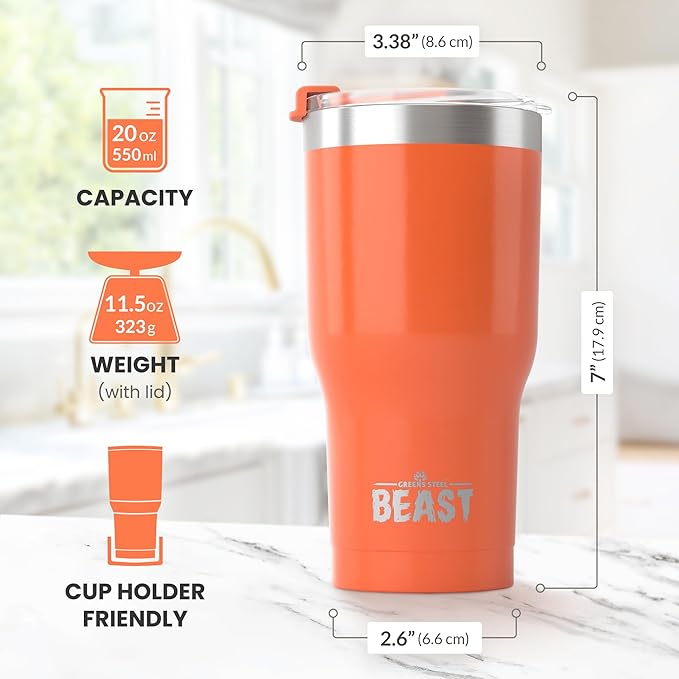 Beast 20 oz Tumbler Stainless Steel Vacuum Insulated Coffee Ice Cup Double Wall Travel Flask (Orange)