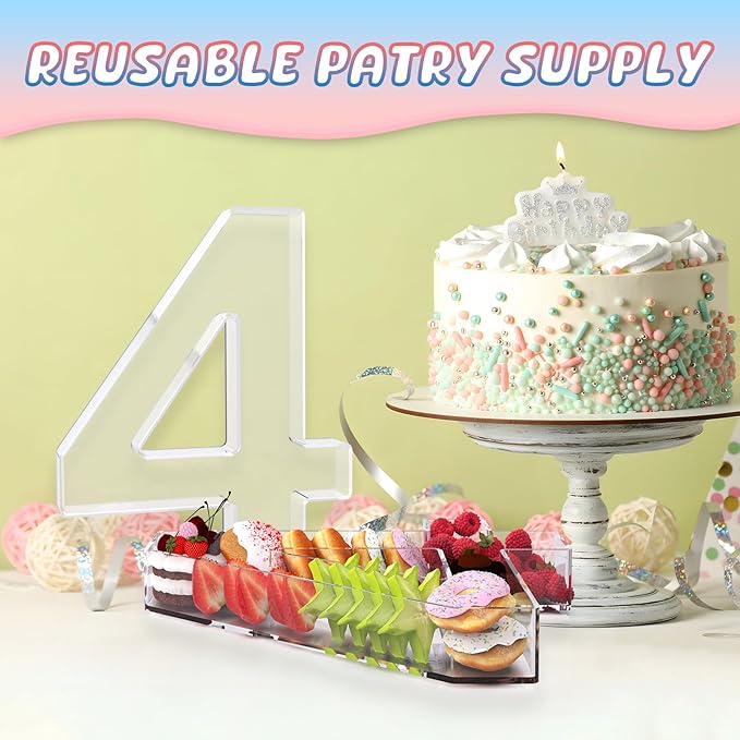 13.8" Extra Large Acrylic Number Charcuterie Board Box, Reusable Fillable Number Cake Candy Dish Display Serving Tray for Birthday Anniversary Party Decoration (4)