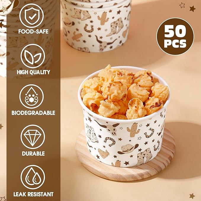 50 Pack Western Cowboy Ice Cream Cups 9 oz Brown Cowboy Boot Disposable Dessert Bowls Paper Soup Bowls for Hot or Cold Food for Western Boho Preppy Wild West Birthday Baby Shower Party