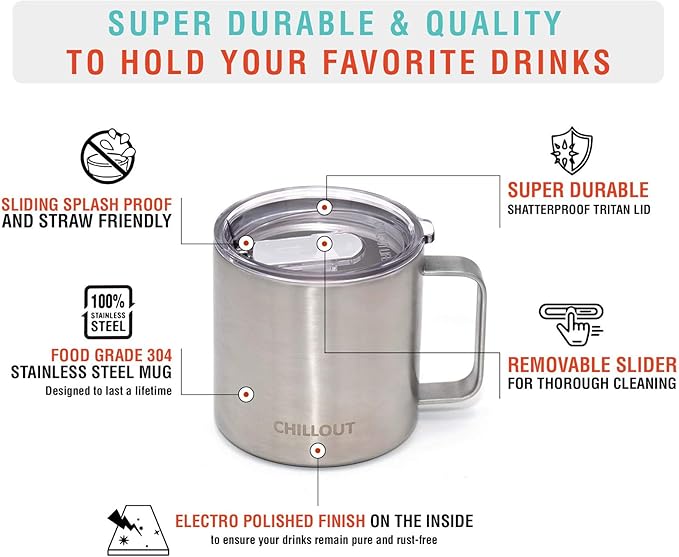 CHILLOUT LIFE Stainless Steel 16 oz Vacuum Insulated Coffee Mug with Handle and Lid, Large Thermal Camping Coffee Mug Cup with Durable Sliding Lid for Men & Women, Keeps your Beverages Hot & Cold