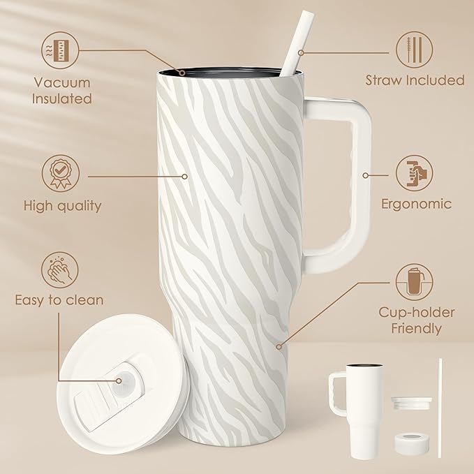 Zebra Skin 40oz Slider Tumbler with Handle and Straw - Insulated Stainless Steel Travel Coffee Mug for Women Girls, Gift for Birthday, Christmas