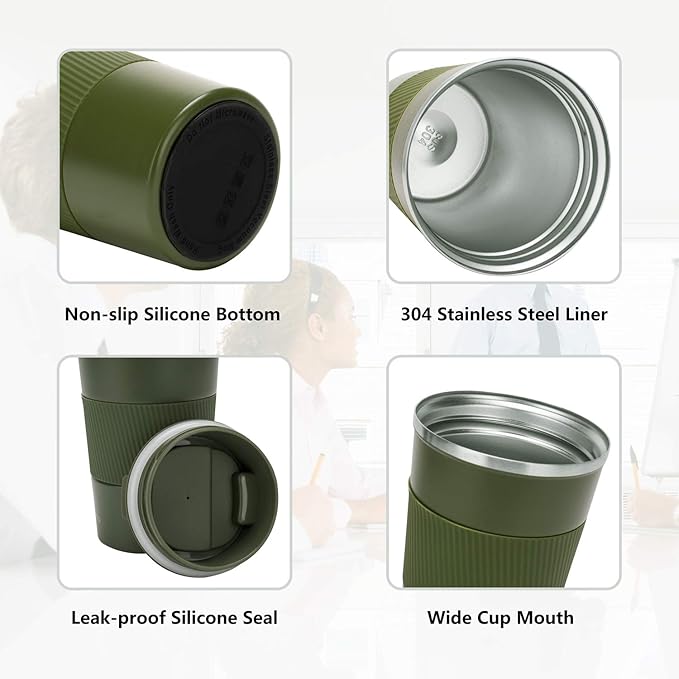 16oz Travel Coffee Mug Spill Proof, Insulated Coffee Mug with Lid, Leakproof Coffee Tumbler,Stainless Steel Vacuum Coffee Cup for Hot/Cold Drinks, Reusable Coffee Cup for Men Women -510ml,Dark Green