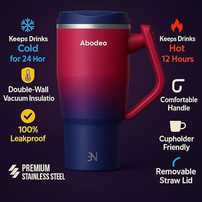 32 oz Stainless Steel Insulated Coffee Tumbler | Straw and Leakproof Lid | Double Wall Vaccum Insulation Tumblers, Travel Coffee Mug with Handle | Fits Most Car Cup Holders (Blue & Red)