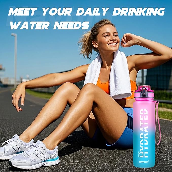 Water Bottle, 32oz Sports Water Bottles with Time Marker Wide Mouth, Motivational and Leakproof Drink Bottle, BPA Free Tritan with Carry Strap for Gym Fitness Outdoor (Direct Drink 1 Bottle)