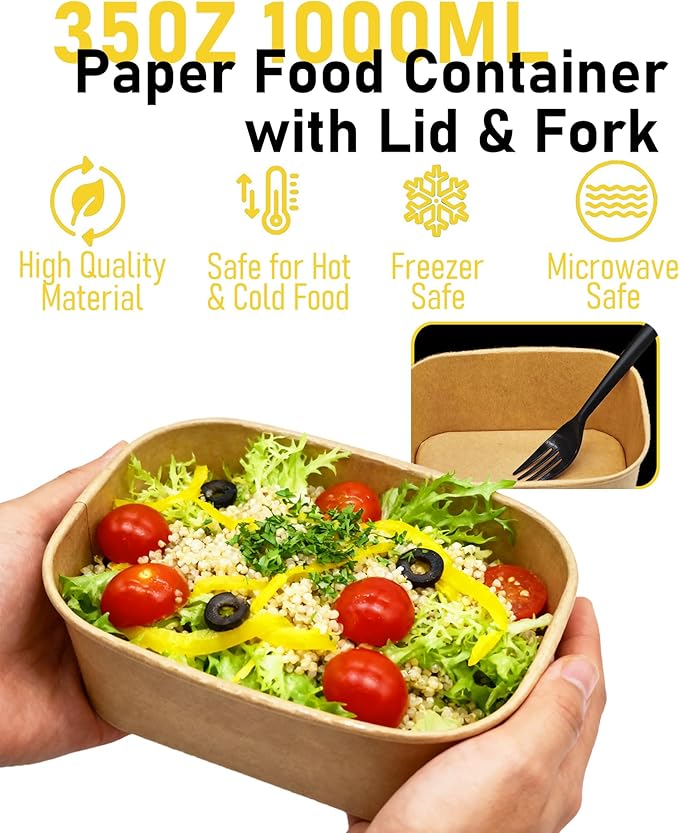50Pack Disposable Paper Meal Prep Containers with Lids and Forks, 35OZ Kraft Paper To Go Food Containers for Salad Soup Hot/Cold Food, Take Out Serving Bowl for Household & Restaurant & Party & Picnic