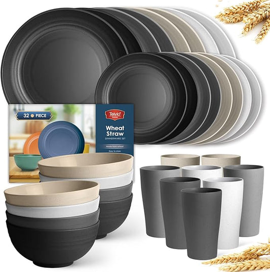 Teivio 32-Piece Kitchen Plastic Wheat Straw Dinnerware Set, Service for 8, Dinner Plates, Dessert Plate, Cereal Bowls, Cups, Unbreakable Colorful Plastic Outdoor Camping Dishes, Stone