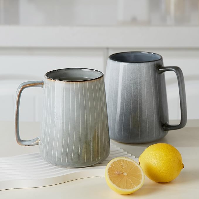 24 OZ Extra Large Ceramic Coffee Mug, with Spoon and Wooden Lid, Big Tea Cups with a Large Handle for Office and Home, Microwave and Dishwasher Safe (24 oz Grey Set)