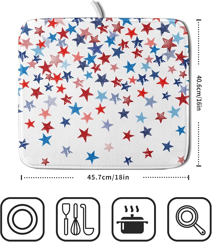 4th of July Dish Drying Mat for Kitchen Counter Patriotic Holiday Microfiber Absorbent Dish Draining Reusable Washable Foldable 16"x18"
