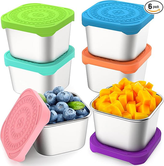 6 Pack 6oz Stainless Steel Snack Containers, Easy Open Leak Proof Stainless Steel Food Storage Containers with Silicone Lids, Small Metal Lunch Box Container for Office, Travel