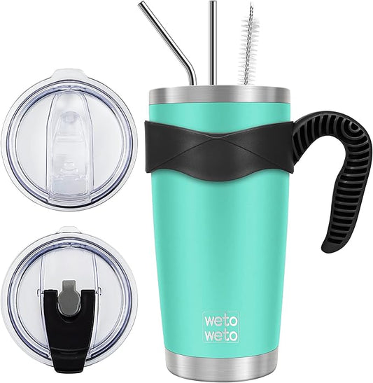 WETOWETO 20oz Tumbler with 2 lids and 2 straws, Stainless Steel Vacuum Insulated Coffee Tumbler Cup, Double Wall Powder Coated Travel Mug (Cyan, 1 Pack)
