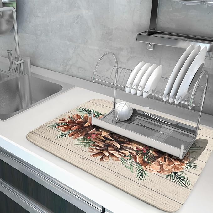 Winter Pine Cone Dish Drying Mat Holly Berries Dish Draining Mat Microfiber Washable Dish Drainer Rack Mat for Home Kitchen Counter 18"x24"