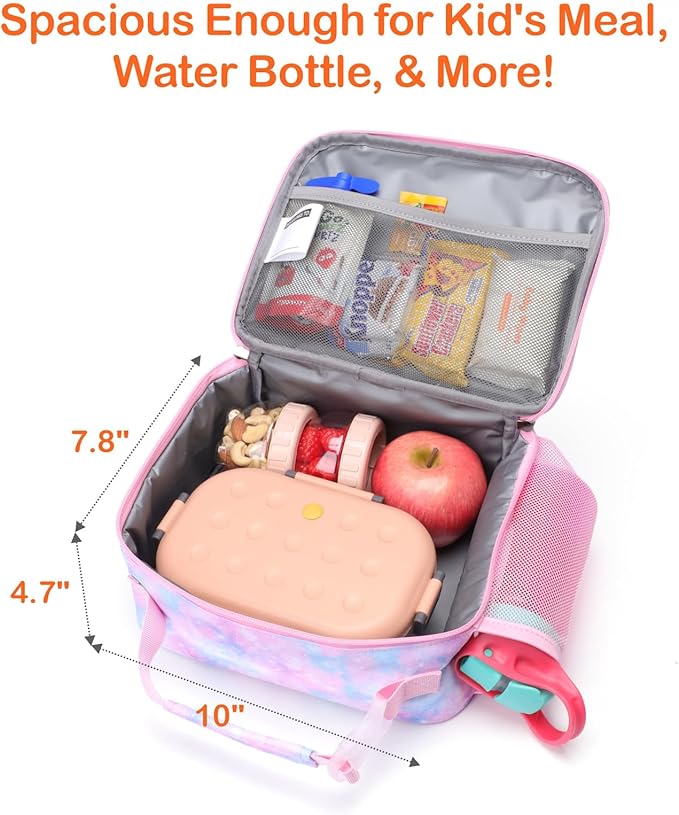Bagseri Lunch Bag for Girls - Kids Lunch Box for Girls Reusable Leak-Proof and Insulated Kids Lunch Bag Toddler Lunch Box for Daycare and School, Glitter Pink Tie-dye (Water Bottle Not Included)
