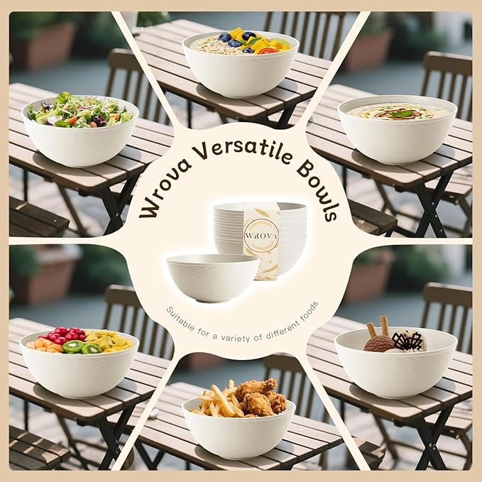 Wrova Beige Wheat Straw Bowls for Cereal and Salad,Alternative Plastic Bowls Set of 6,40oz Unbreakable Soup Bowls suitable for Kitchen,Party,Camping and R.V.