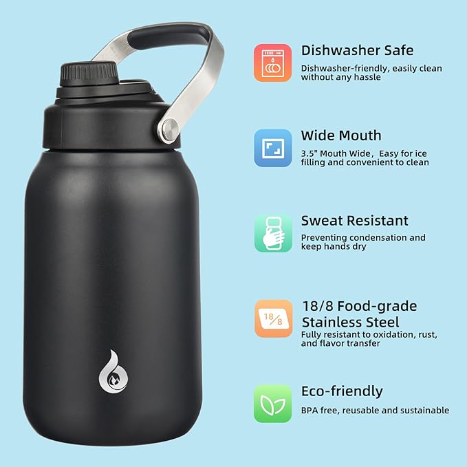 BJPKPK Half Gallon Insulated Water Bottles, 64oz Water Jug with Metal Handle & BPA Free Spout Lid, Dishwasher Safe Thermo, Large Stainless Steel Gym Sport Jugs, Black