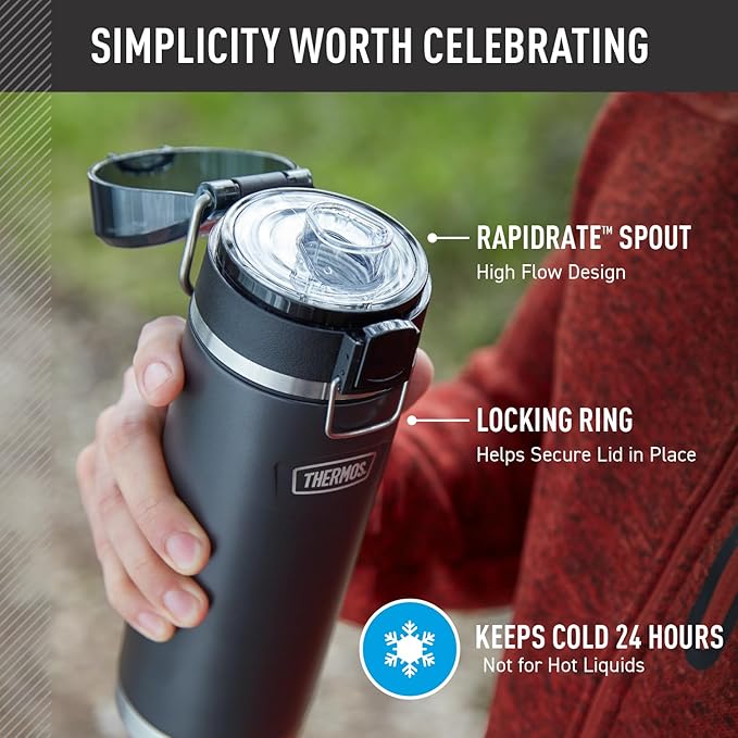 THERMOS ICON SERIES Stainless Steel Water Bottle with Spout - 24 Ounce, Granite - Vacuum Insulated Water Bottle with Lid