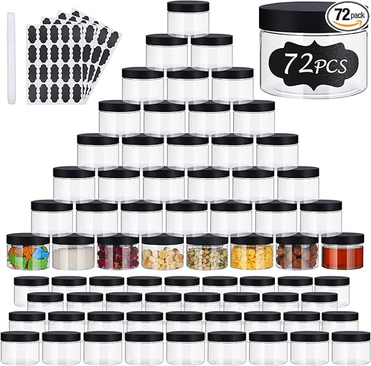 72 PCS 4 OZ Plastic Jars with Screw On Lids,Labels Refillable Empty Round Slime Cosmetics Containers for Storing Dry Food, Honey Jam, Cream, Butter, Lotion, black