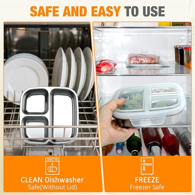 RAOOKIF Stainless Steel Snack Container 7 X 7 inch, 3 Compartment Reusable Snack Containers With Lids, Grab and Go Snack Box for Schools, Homes, Offices, and Camping, Dishwasher-Safe