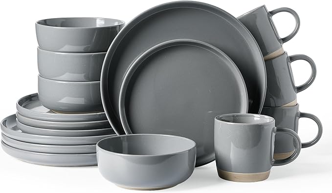Famiware Milkyway Dinnerware Set with Mugs, Service for 4 (16pcs), Ribbed Stoneware Plates and Bowls Dishes Sets - Chip & Scratch Resistant, Microwave & Dishwasher Safe, Dark Gray