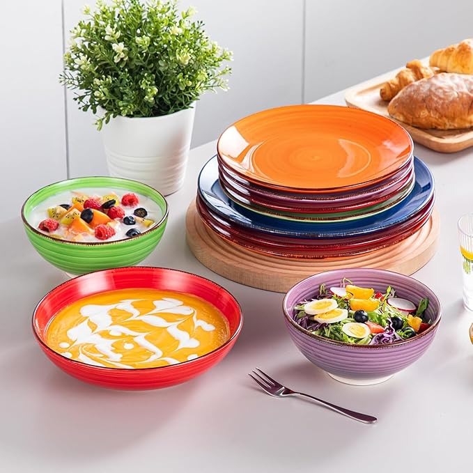 vancasso Bonita Dinnerware Sets, 24 Pieces Multicolor Stoneware Dinner Set for 6, Handpainted Spirals Pattern Ceramic Plates and Bowls Sets Kitchen Plate Set
