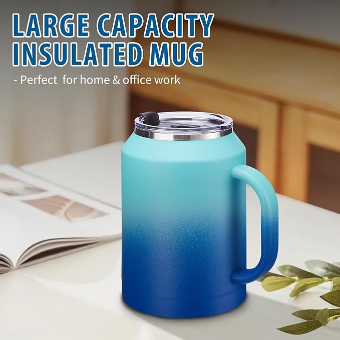 50oz Insulated Mug Tumbler with Handle - Keep Cold-36h & Hot-24h, Stainless Steel Water Jug 50 oz Coffee Mugs with Straw & Spout Lid, Wide Mouth Metal Water Bottle Camping Flask Hospital Cup Travel