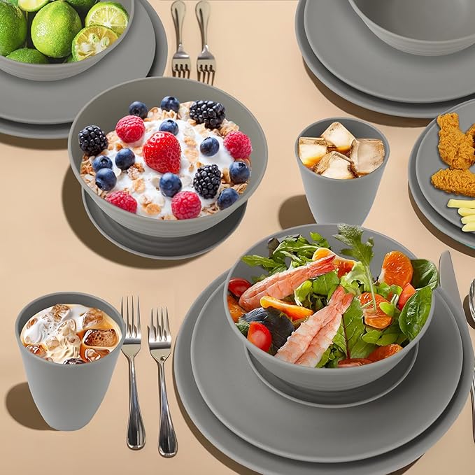 Wrova 40Pack plates and bowls sets for kitchen - Unbreakable wheat straw dinnerware sets service for 8 - Alternative plastic 40pcs dish sets for picnic,camping and R.V. - (Grey)