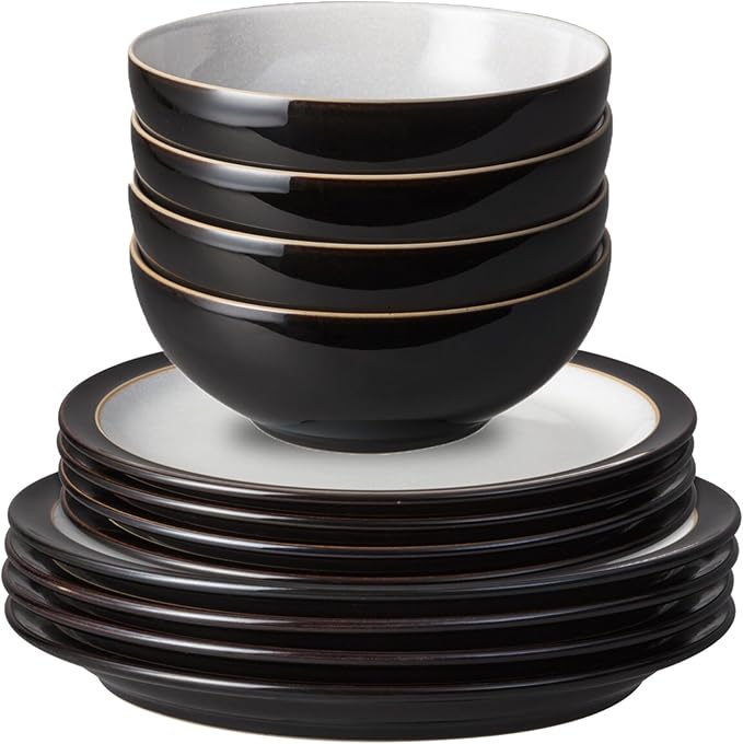 Denby - Elements Black Dinner Set For 4-12 Piece Simple Ceramic Stoneware Tableware Set - Dishwasher Microwave Oven Safe - Scratch Chip Resistant