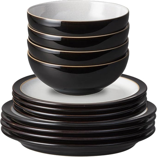 Denby - Elements Black Dinner Set For 4-12 Piece Simple Ceramic Stoneware Tableware Set - Dishwasher Microwave Oven Safe - Scratch Chip Resistant