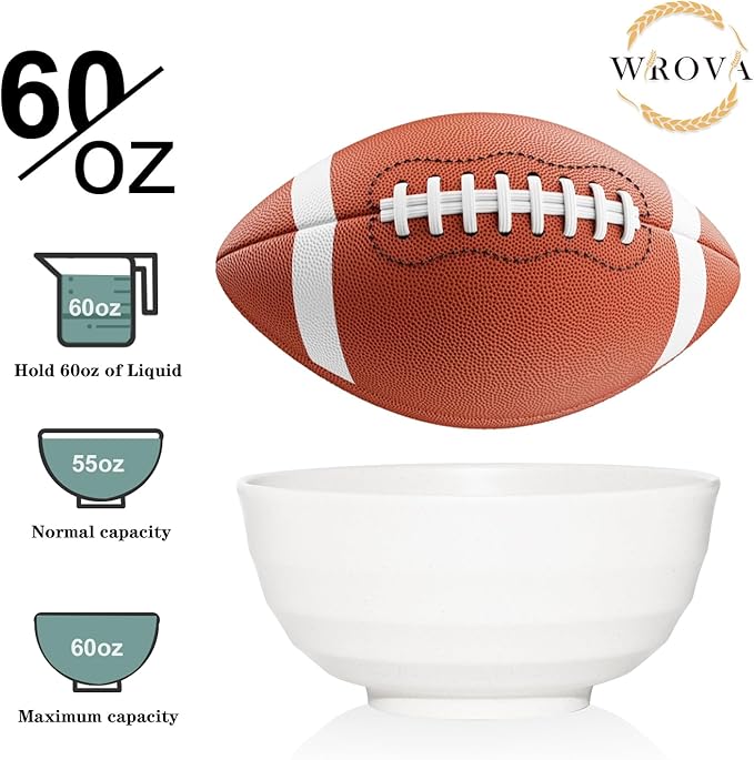 Wrova Wheat Straw Bowls Set 60 OZ, Unbreakable Large White Bowls Set of 6, Microwave and Dishwasher Safe Big Cereal Bowl for Dorm and Apartment, Salad Bowl for Serving Oatmeal and Popcorn (White)