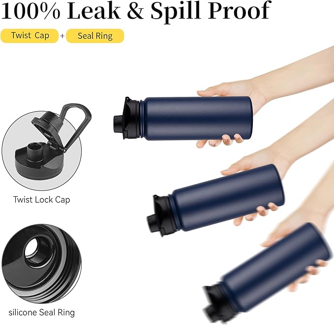 24 oz Insulated Water Bottle Bulk 8 Pack, Stainless Steel Sports Water Bottles with Straw Lid & Wide Mouth Lids, Double Walled Vacuum, Leak Proof, Blue