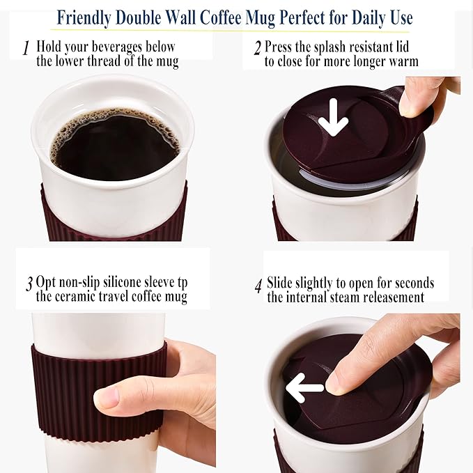 Ceramic Travel Mug, Double Wall Insulated Takeaway 12 oz Coffee Cup for Hot & Cold Beverages, Reusable White Coffee Mug, Splash Resistant Lid & Protective Silicone Sleeve, for Car Cup-Holder, Brown