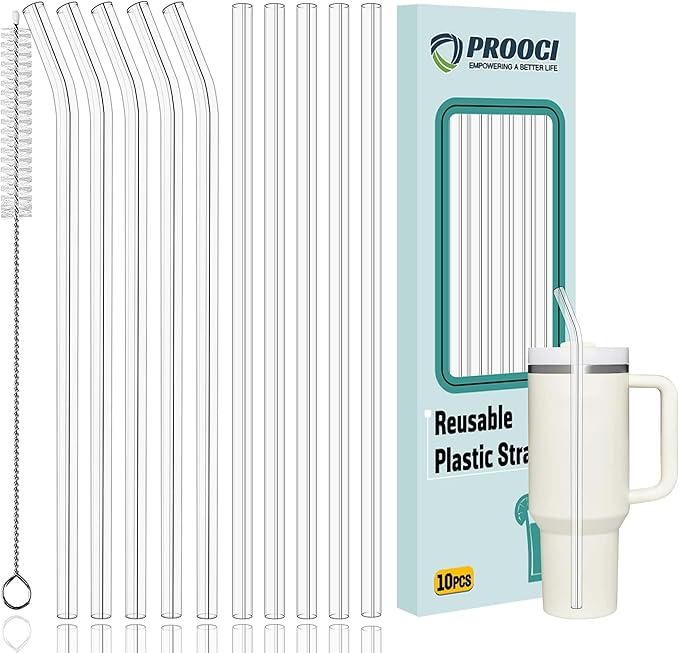 PROOCI 12" Reusable Straws for Stanley/Yeti 30oz-40oz Cup Tumbler, 10-Pack Long Plastic Straws with Cleaning Brush, Clear Bend Replacement Straw for Drinking Smoothie, Milkshake | Food Grade Tritan