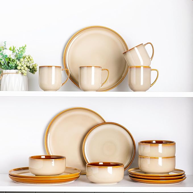 LeRatio Ceramic Dinnerware Sets for 4,12-Piece Plates and Bowls,Handmade Reactive Glaze Dishes Set,Chip Resistant and Scratch Resistant | Oven Dishwasher & Microwave Safe,Service for 4-Kahki