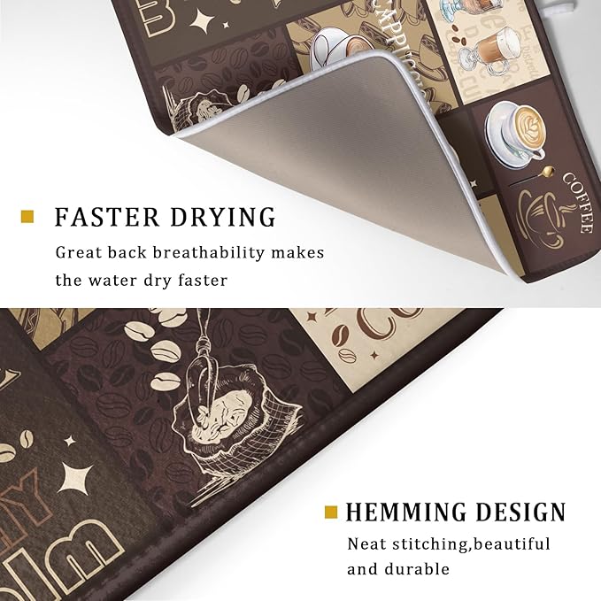 Brown Coffee Dish Drying Mat 18x24 Inch Coffee Cup Espresso Machine Pad Absorbent Washable Dish Rack Pad for Kitchen Counter Cafe Bar