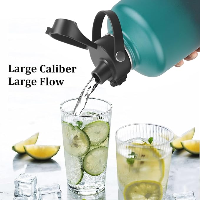 Water Bottle Insulated 32oz 40oz 64oz 128oz Straw Lid Spout Lid & 3 Lids, Leak Proof, Vacuum Insulated,Stainless Steel Water Bottle Wide Mouth for Sports, Gym or Office
